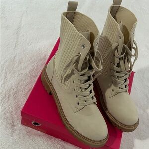Catherine Malandrino Cream Lace-Up Combat Boots